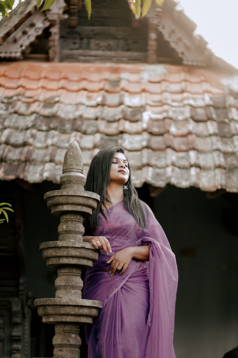A lilac tissue saree by an old stone pillar.